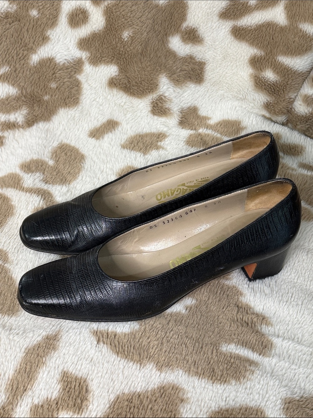 Salvatore Ferragamo Black Textured Leather Low Block Heels